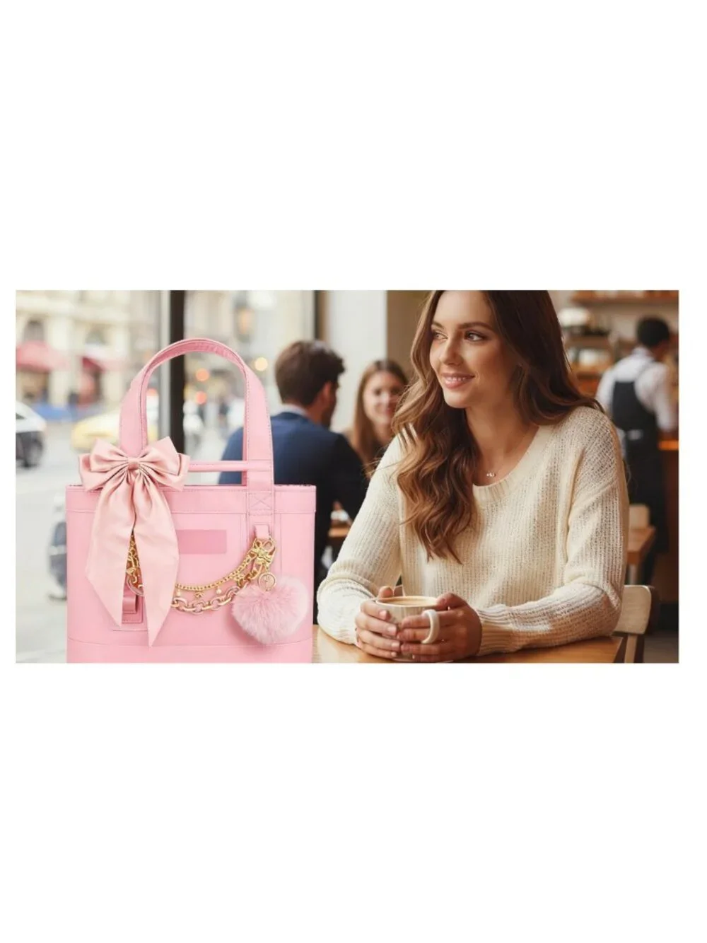 Satin Bow Keychain Set with Plush Heart Charm and Gold Chains for Tote Bags